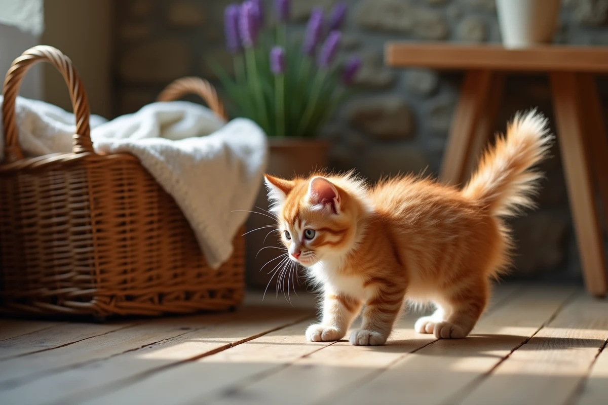 Chaton roux à poils longs explorant un appartement français au sol en bois