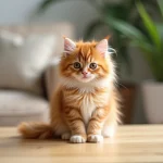 Chaton roux poils longs assis sur une table en bois dans un salon français