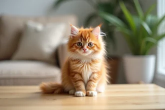 Chaton roux poils longs assis sur une table en bois dans un salon français