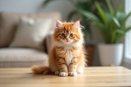Chaton roux poils longs assis sur une table en bois dans un salon français