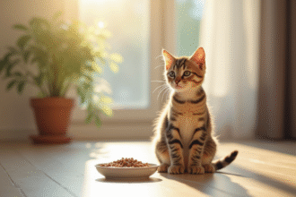 Chaton sain assis près d'une gamelle naturelle