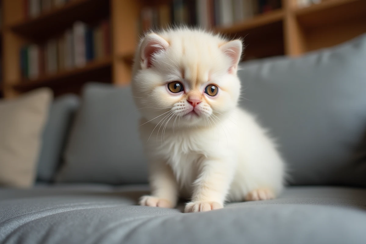 Gros plan sur un chaton Scottish Fold aux oreilles repliées et à la fourrure crème, posé sur un canapé en lin gris dans un intérieur cosy
