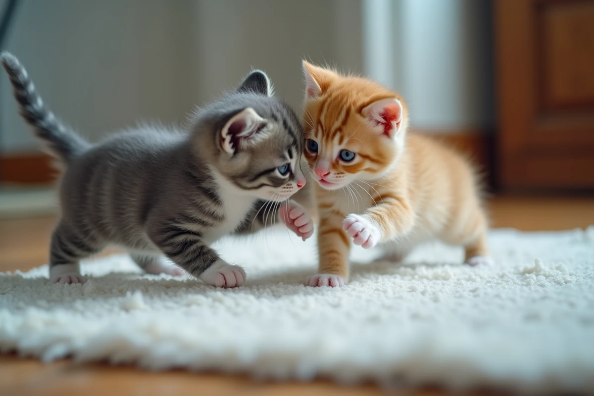 Deux chatons de 3 mois jouant ensemble sur un plaid dans un foyer francilien avant adoption gratuite