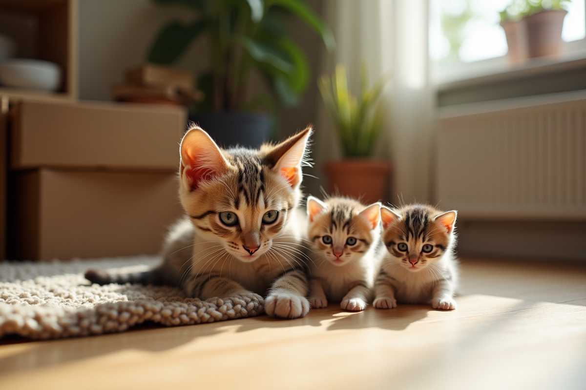 Gros plan de deux chatons et leur mère dans un salon ensoleille