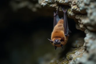 Chauve-souris brune perchée sur une paroi de grotte, symbolisme spirituel et observation naturaliste