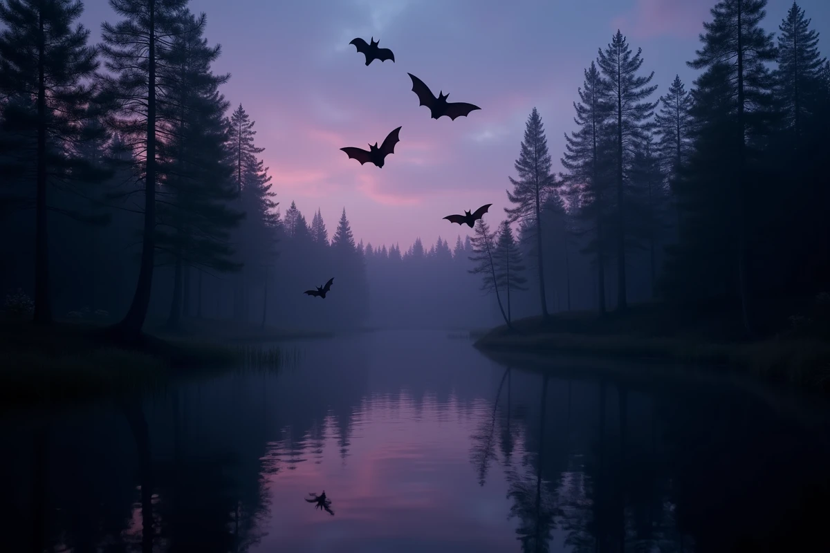 Groupe de chauves-souris en vol au crépuscule au-dessus d'un étang forestier, symbolisme spirituel dans la nature