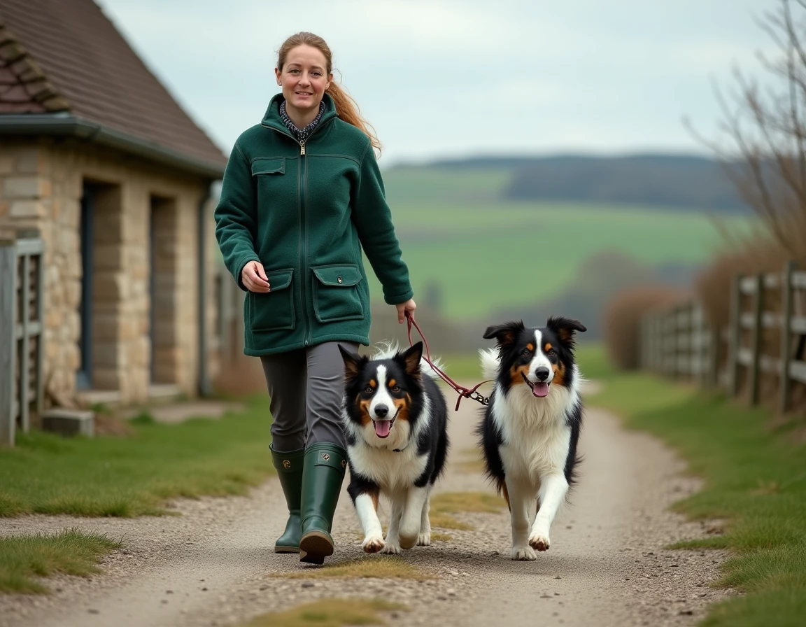 Employée du Chenil Des Amaries promenant deux border collies dans un chenil rural aux environs de Lyon