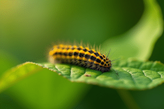 Chenille jaune et noire sur une feuille verte en extérieur