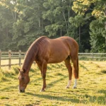 Cheval alezan au pré en lisière de bois, en été