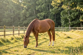 Cheval alezan au pré en lisière de bois, en été