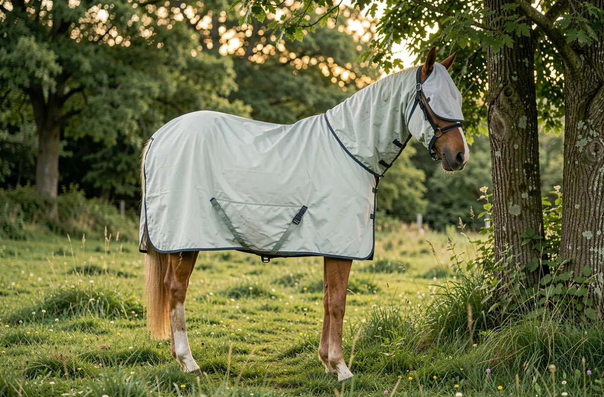 Cheval au pré portant une chemise et un masque anti-mouches