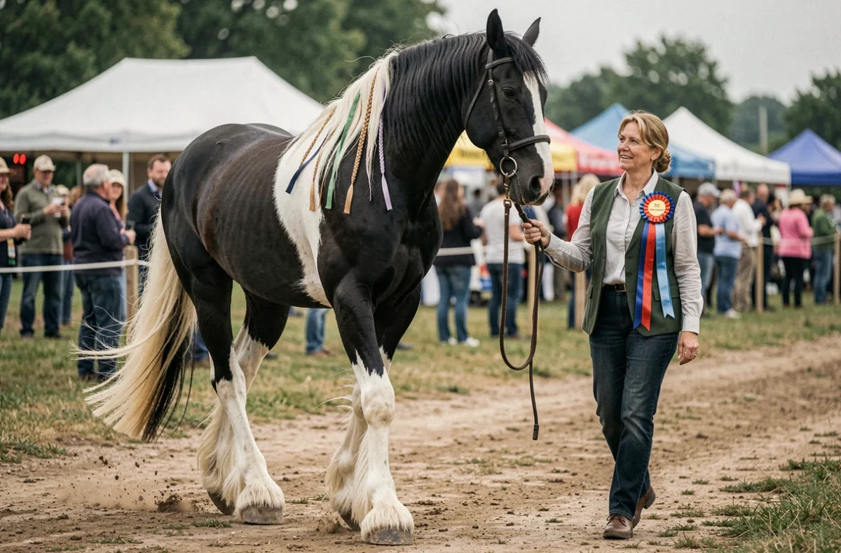 Un imposant cheval Clydesdale conduit en main lors d'un concours agricole, mettant en valeur sa stature monumentale et son allure noble