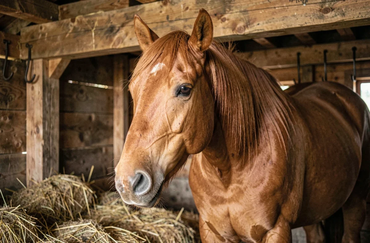 Portrait en gros plan d'un cheval de trait belge à la robe alezan doré dans une écurie en bois traditionnelle, illustrant la corpulence impressionnante de la race