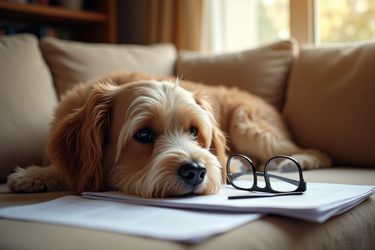 Chien âgé relaxant à la maison avec papiers et lunettes