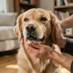 Chien golden retriever avec de la mousse blanche à la gueule examiné par son propriétaire à domicile