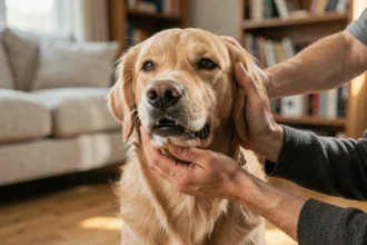 Chien golden retriever avec de la mousse blanche à la gueule examiné par son propriétaire à domicile
