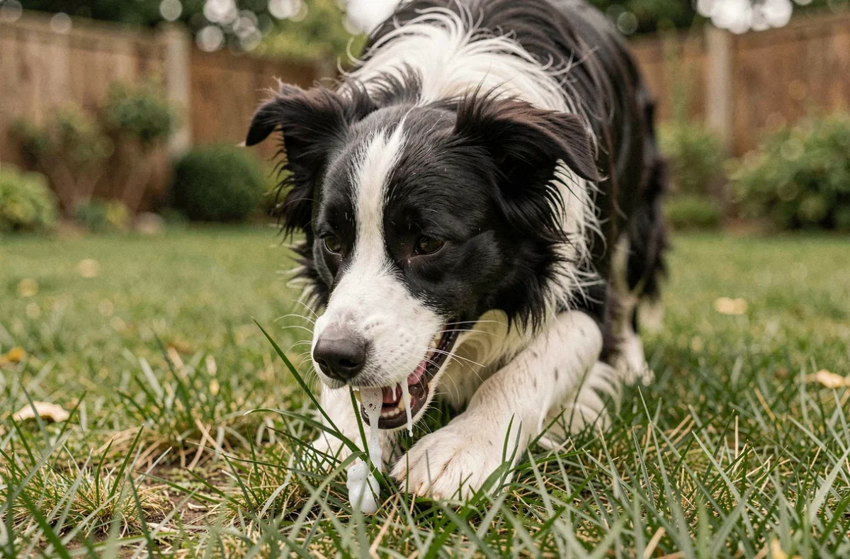 Chien border collie en train de baver mousse blanche dans le jardin après avoir mangé de l'herbe