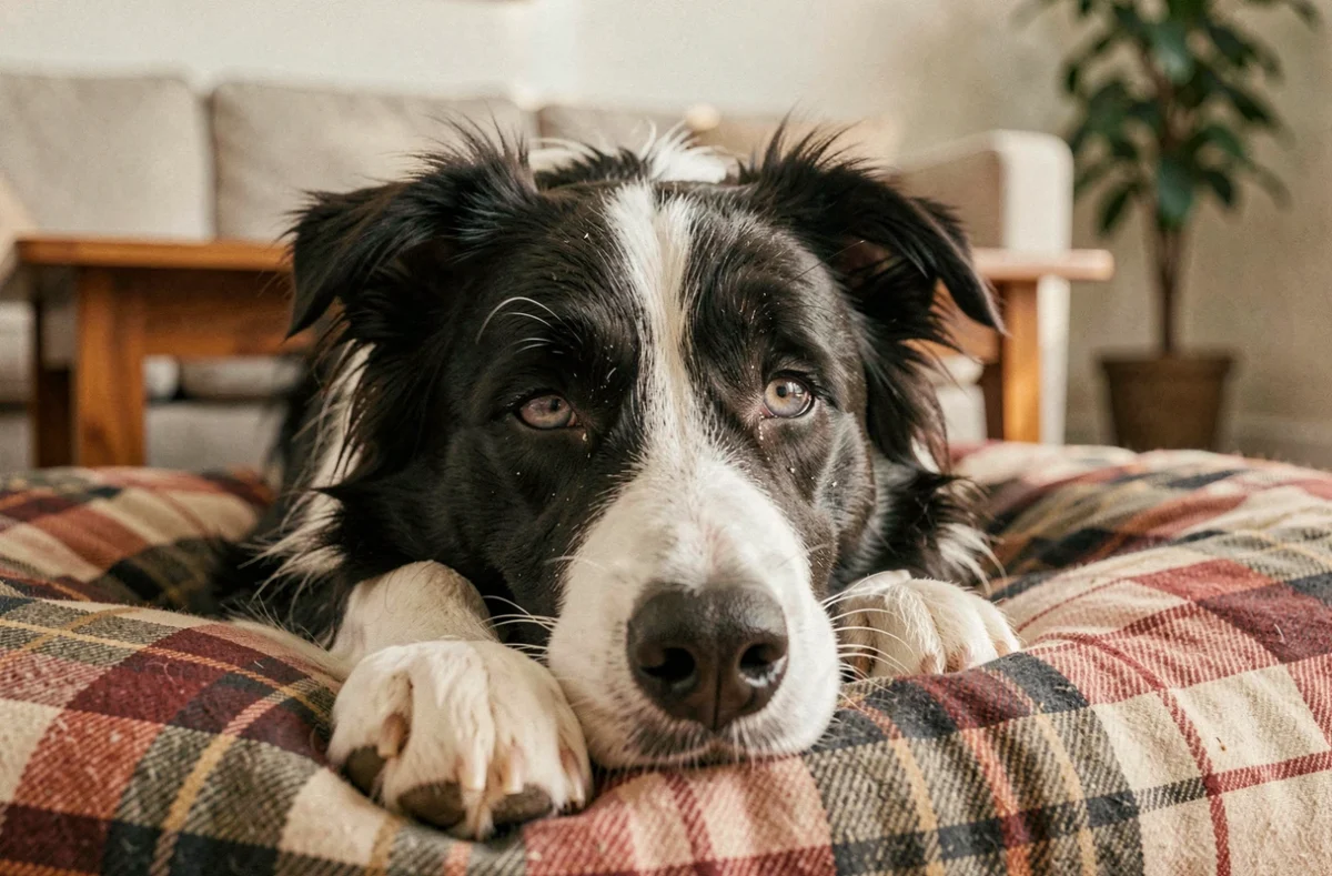 Gros plan sur le visage d'un Border Collie allongé sur son coussin semblant nauséeux et mal en point