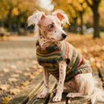 Chien chinois à crête sans poils assis sur un banc de parc en automne, portant un pull tricoté coloré