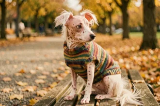 Chien chinois à crête sans poils assis sur un banc de parc en automne, portant un pull tricoté coloré