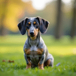 Chien dachshund merle assis dans un parc urbain en plein air