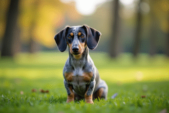 Chien dachshund merle assis dans un parc urbain en plein air