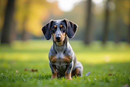 Chien dachshund merle assis dans un parc urbain en plein air