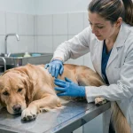 Vétérinaire examinant un chien golden retriever allongé sur une table d'examen en clinique vétérinaire