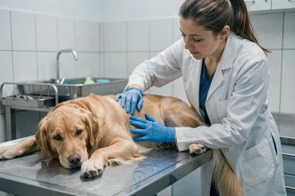 Vétérinaire examinant un chien golden retriever allongé sur une table d'examen en clinique vétérinaire