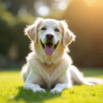Golden retriever blanc dans un jardin ensoleille