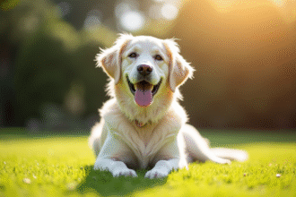 Golden retriever blanc dans un jardin ensoleille