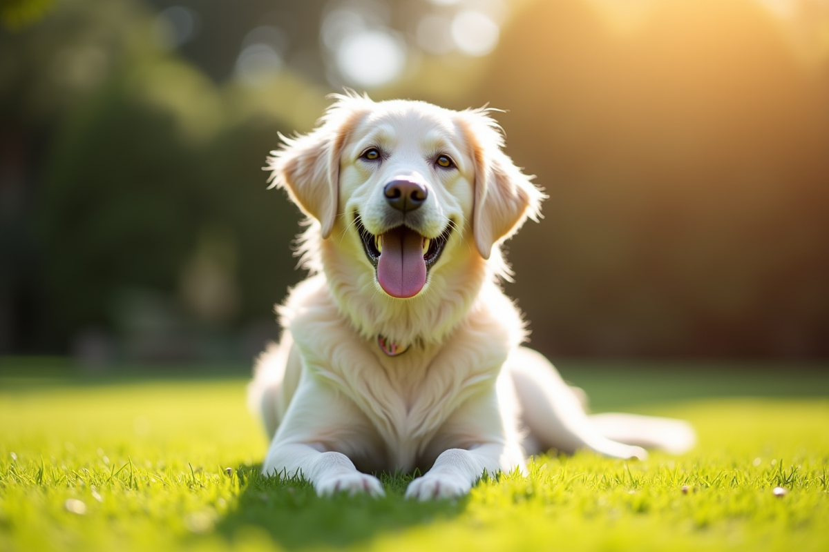 Golden retriever blanc dans un jardin ensoleille