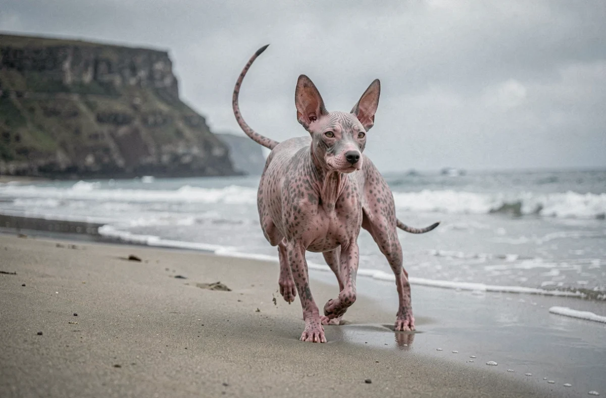 Chien Inca sans poils à la peau tachetée rose et grise trottant sur une plage de sable humide au bord de la mer