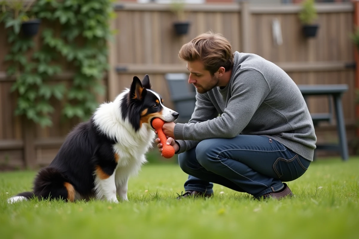Père observant son chien border collie tenir un jouet dans la gueule dans un jardin, apprentissage de l'inhibition de la morsure