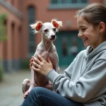 Adolescente souriante caressant un chien Chinese Crested sans poils dans une cour d'école, illustrant le lien entre animaux atypiques et bienveillance chez les jeunes