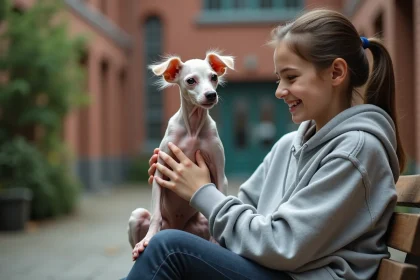 Adolescente souriante caressant un chien Chinese Crested sans poils dans une cour d'école, illustrant le lien entre animaux atypiques et bienveillance chez les jeunes