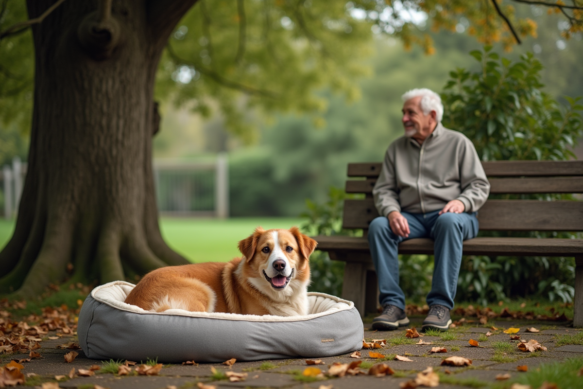 Chien âgé sur un lit dans un jardin avec un homme souriant