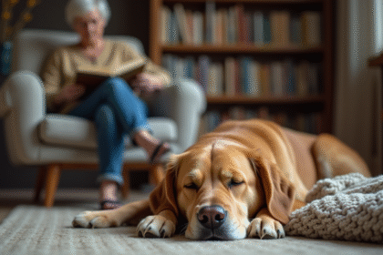 Chien retriever doré dormant paisiblement dans un salon chaleureux