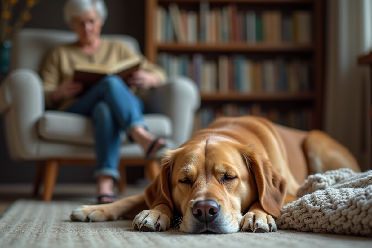Chien retriever doré dormant paisiblement dans un salon chaleureux