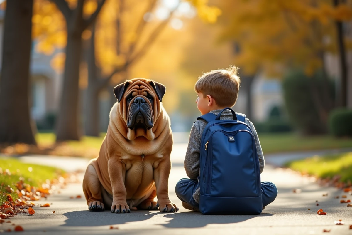 Jeune garçon marchant fièrement aux côtés d'un chien Shar-Pei tout ridé sur un trottoir automnal, symbole de l'acceptation des différences pour lutter contre le harcèlement scolaire
