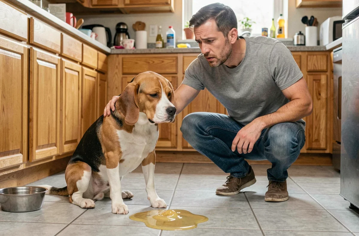 Propriétaire inquiet observant son chien beagle après un épisode de vomissement jaune sur le sol de la cuisine