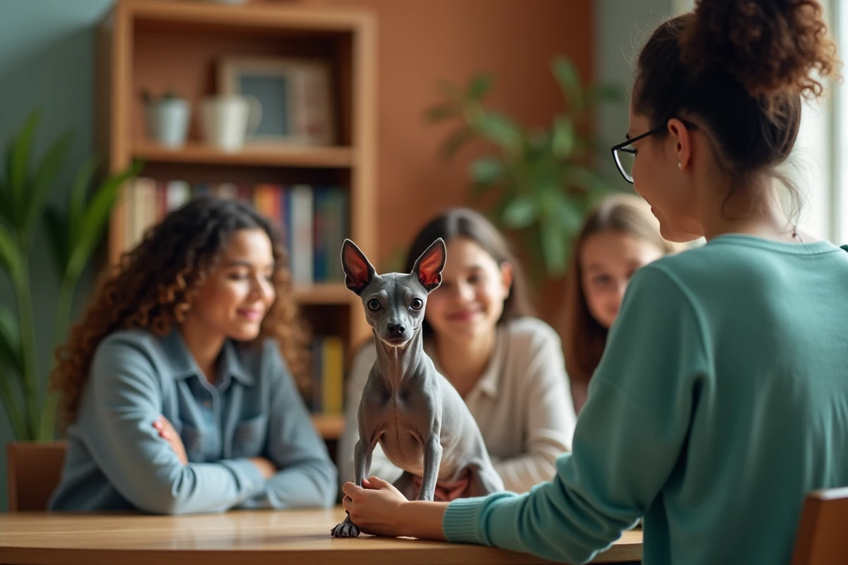 Conseillère scolaire et groupe d'adolescents interagissant avec un chien Xoloitzcuintli lors d'une séance de soutien émotionnel contre le harcèlement, dans une salle de conseil apaisante