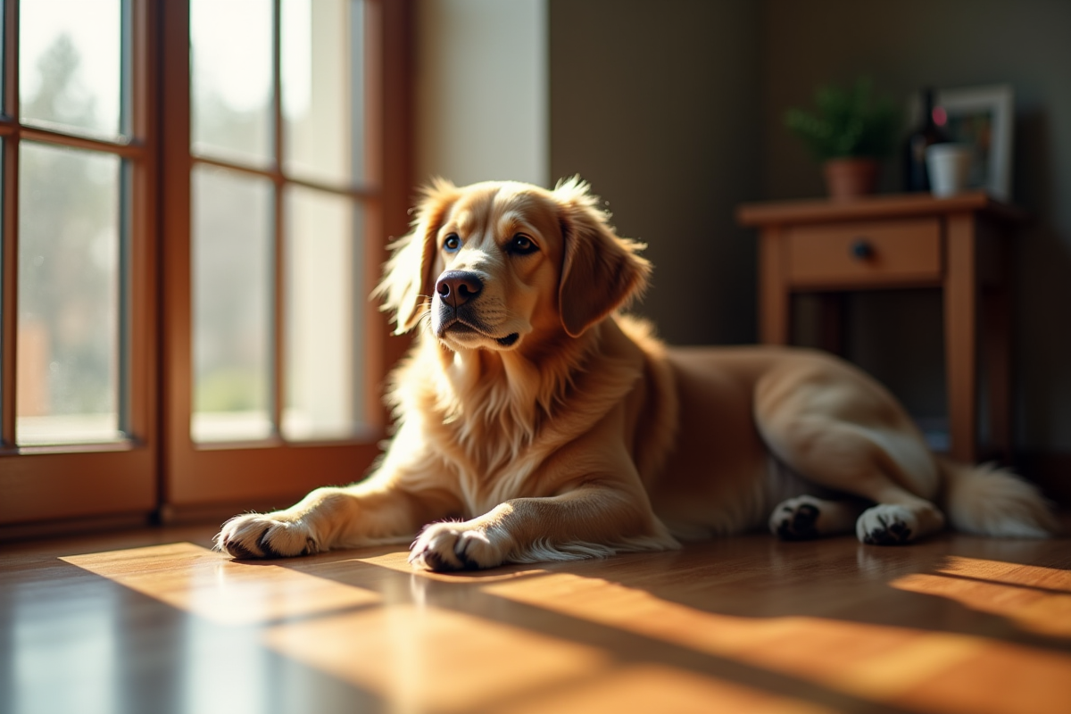 Un chien adulte allongé sur un parquet brillant près d