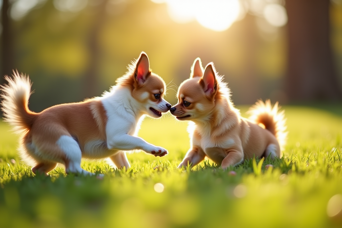 Deux chihuahuas jouant dans un parc ensoleille