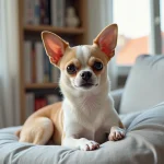 Chihuahua adulte au pelage fauve et blanc assis sur un canapé en lin gris dans un appartement moderne, regard expressif et oreilles dressées