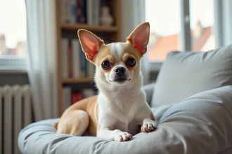 Chihuahua adulte au pelage fauve et blanc assis sur un canapé en lin gris dans un appartement moderne, regard expressif et oreilles dressées