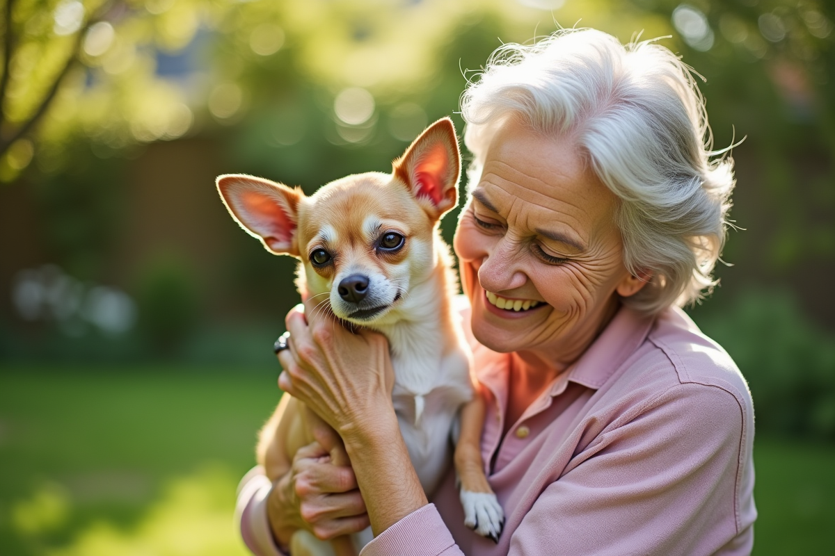 Chihuahua tenu par une femme âgée dans un jardin ensoleille