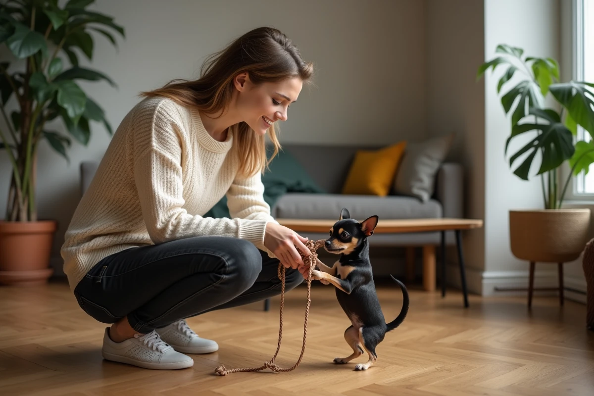 Jeune femme jouant avec son Chihuahua noir et feu sur le parquet d'un appartement urbain, scène de vie quotidienne avec un petit chien d'appartement