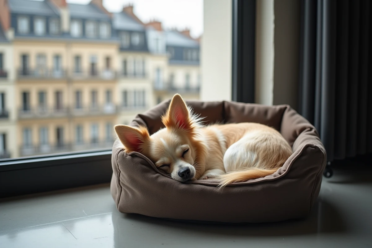 Chihuahua poil long crème au repos dans son panier près d'une fenêtre d'appartement avec vue sur des façades haussmanniennes parisiennes