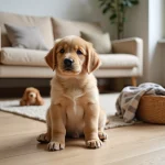Chiot golden retriever de 8 semaines assis sur un parquet dans un salon français, prêt à être adopté gratuitement en Gironde
